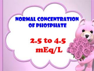 Normal concentration
    of phosphate

    2.5 to 4.5
     mEq/L
                       #
 