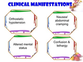 Clinical manifestations

                     Nausea/
Orthostatic
                    abdominal
hypotension
                    cramping




                   Confusion &
  Altered mental     lethargy
       status


                                 #
 