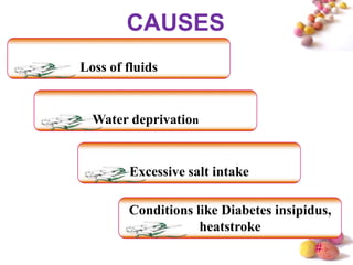 CAUSES
Loss of fluids


  Water deprivation


        Excessive salt intake

        Conditions like Diabetes insipidus,
                    heatstroke
                                        #
 