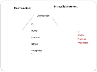 Intracellular Anions
         Plasma anions

                               Chloride ion


                         Cl-

                         HCO3-                      3 10          Cl-
     14 6 2                                                40     HCO3-
24                       Proteins             107
              104                                                 Proteins
                                                                  Phophates
                         Others

                         Phosphate
                         s
 