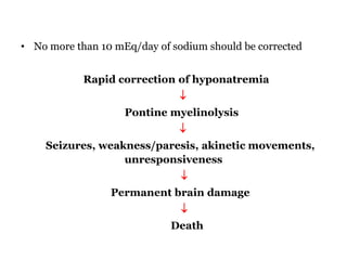• No more than 10 mEq/day of sodium should be corrected
Rapid correction of hyponatremia

Pontine myelinolysis

Seizures, weakness/paresis, akinetic movements,
unresponsiveness

Permanent brain damage

Death
 