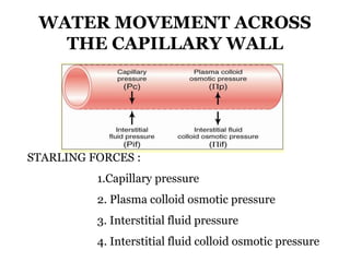 WATER MOVEMENT ACROSS
THE CAPILLARY WALL
STARLING FORCES :
1.Capillary pressure
2. Plasma colloid osmotic pressure
3. Interstitial fluid pressure
4. Interstitial fluid colloid osmotic pressure
 