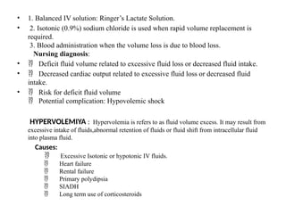 • 1. Balanced IV solution: Ringer’s Lactate Solution.
• 2. Isotonic (0.9%) sodium chloride is used when rapid volume replacement is
required.
3. Blood administration when the volume loss is due to blood loss.
Nursing diagnosis:
•  Deficit fluid volume related to excessive fluid loss or decreased fluid intake.
•  Decreased cardiac output related to excessive fluid loss or decreased fluid
intake.
•  Risk for deficit fluid volume
Potential complication: Hypovolemic shock

HYPERVOLEMIYA : Hypervolemia is refers to as fluid volume excess. It may result from
excessive intake of fluids,abnormal retention of fluids or fluid shift from intracellular fluid
into plasma fluid.
Causes:
 Excessive Isotonic or hypotonic IV fluids.
Heart failure

Rental failure

Primary polydipsia

SIADH

Long term use of corticosteroids

 