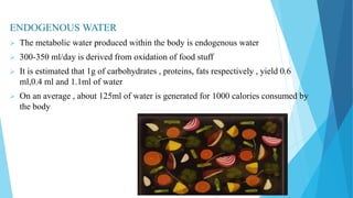 ENDOGENOUS WATER
 The metabolic water produced within the body is endogenous water
 300-350 ml/day is derived from oxidation of food stuff
 It is estimated that 1g of carbohydrates , proteins, fats respectively , yield 0.6
ml,0.4 ml and 1.1ml of water
 On an average , about 125ml of water is generated for 1000 calories consumed by
the body
 