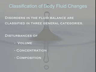 Disorders in the fluid balance are
classified in three general categories.
Disturbances of
- Volume
- Concentration
- Composition
Classification of Body Fluid Changes
 