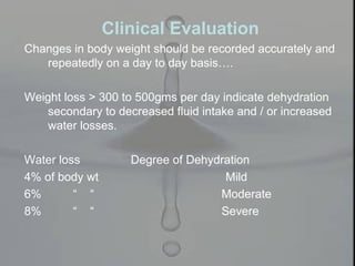 Clinical Evaluation
Changes in body weight should be recorded accurately and
repeatedly on a day to day basis….
Weight loss > 300 to 500gms per day indicate dehydration
secondary to decreased fluid intake and / or increased
water losses.
Water loss Degree of Dehydration
4% of body wt Mild
6% “ “ Moderate
8% “ “ Severe
 