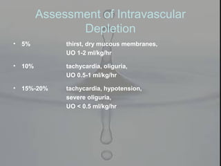 Assessment of Intravascular
Depletion
• 5% thirst, dry mucous membranes,
UO 1-2 ml/kg/hr
• 10% tachycardia, oliguria,
UO 0.5-1 ml/kg/hr
• 15%-20% tachycardia, hypotension,
severe oliguria,
UO < 0.5 ml/kg/hr
 