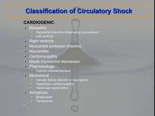 CARDIOGENIC
Myopathic
• Myocardial infarction (hibernating myocardium)
• Left ventricle
Right ventricle
Myocardial contusion (trauma)
Myocarditis
Cardiomyopathy
Septic myocardial depression
Pharmacologic
• Calcium channel blockers
Mechanical
• Valvular failure (stenotic or regurgitant)
• Hypertropic cardiomyopathy
• Ventricular septal defect
Arrhythmic
• Bradycardia
• Tachycardia
•
Classification of Circulatory ShockClassification of Circulatory Shock
 