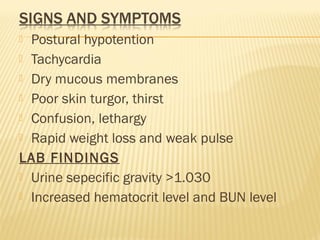  Postural hypotention
 Tachycardia
 Dry mucous membranes
 Poor skin turgor, thirst
 Confusion, lethargy
 Rapid weight loss and weak pulse
LAB FINDINGS
 Urine sepecific gravity >1.030
 Increased hematocrit level and BUN level
 