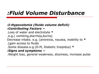 Fluid Volume Disturbance
:
I-Hypovolemia (fluids volume deficit)
:
−
Contributing Factors
:
*
Loss of water and electrolyte
.
e.g.( vomiting,diarrhea,burns)
.
*
Decrease intake. e.g. (anorexia, nausea, inability to
gain access to fluids
.)
*
Some disease.e.g (D.M, Diabetic Insipidus)
.
−
Signs and symptoms
:
Weight loss, general weakness, dizziness, increase pulse
.
 