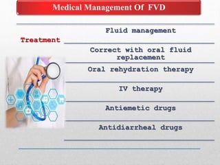 Treatment
Fluid management
Correct with oral fluid
replacement
Oral rehydration therapy
IV therapy
Antiemetic drugs
Antidiarrheal drugs
Medical Management Of FVD
 
