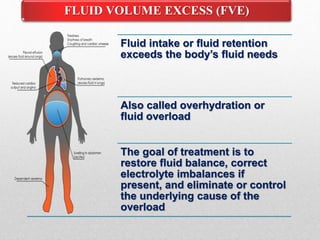 Fluid intake or fluid retention
exceeds the body’s fluid needs
Also called overhydration or
fluid overload
The goal of treatment is to
restore fluid balance, correct
electrolyte imbalances if
present, and eliminate or control
the underlying cause of the
overload
FLUID VOLUME EXCESS (FVE)
 