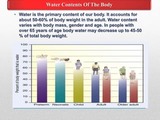 • Water is the primary content of our body. It accounts for
about 50-60% of body weight in the adult. Water content
varies with body mass, gender and age. In people with
over 65 years of age body water may decrease up to 45-50
% of total body weight.
Water Contents Of The Body
 
