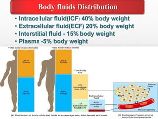 Body fluids Distribution
• Intracellular fluid(ICF) 40% body weight
• Extracellular fluid(ECF) 20% body weight
• Interstitial fluid - 15% body weight
• Plasma -5% body weight
 