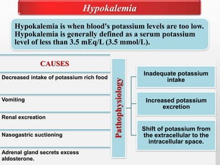 Hypokalemia
Hypokalemia is when blood's potassium levels are too low.
Hypokalemia is generally defined as a serum potassium
level of less than 3.5 mEq/L (3.5 mmol/L).
CAUSES
Decreased intake of potassium rich food
Vomiting
Renal excreation
Nasogastric suctioning
Adrenal gland secrets excess
aldosterone.
Pathophysiology
Inadequate potassium
intake
Increased potassium
excretion
Shift of potassium from
the extracellular to the
intracellular space.
 