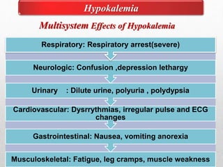 Hypokalemia
Multisystem Effects of Hypokalemia
Musculoskeletal: Fatigue, leg cramps, muscle weakness
Gastrointestinal: Nausea, vomiting anorexia
Cardiovascular: Dysrrythmias, irregular pulse and ECG
changes
Urinary : Dilute urine, polyuria , polydypsia
Neurologic: Confusion ,depression lethargy
Respiratory: Respiratory arrest(severe)
 