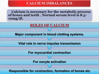 CALCIUM IMBALANCES
Calcium is necessary for the metabolic process
of bones and teeth . Normal serum level is 8.5-
10mg/dl.
Responsible for contraction, formation of bones etc
For oocyte activation
For myocardial contraction
Vital role in nerve impulse transmission
Major component in blood clotting systems.
ROLES OF CALCIUM
 