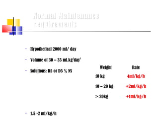 Normal Maintenance
     requirements


   Hypothetical 2000 ml/ day

   Volume of 30 – 35 ml.kg-1day-1
                                       Weight       Rate
   Solutions: D5 or D5 ½ NS
                                     10 kg        4ml/kg/h

                                     10 – 20 kg   +2ml/kg/h

                                     > 20kg       +1ml/kg/h


   1.5 -2 ml/kg/h
 