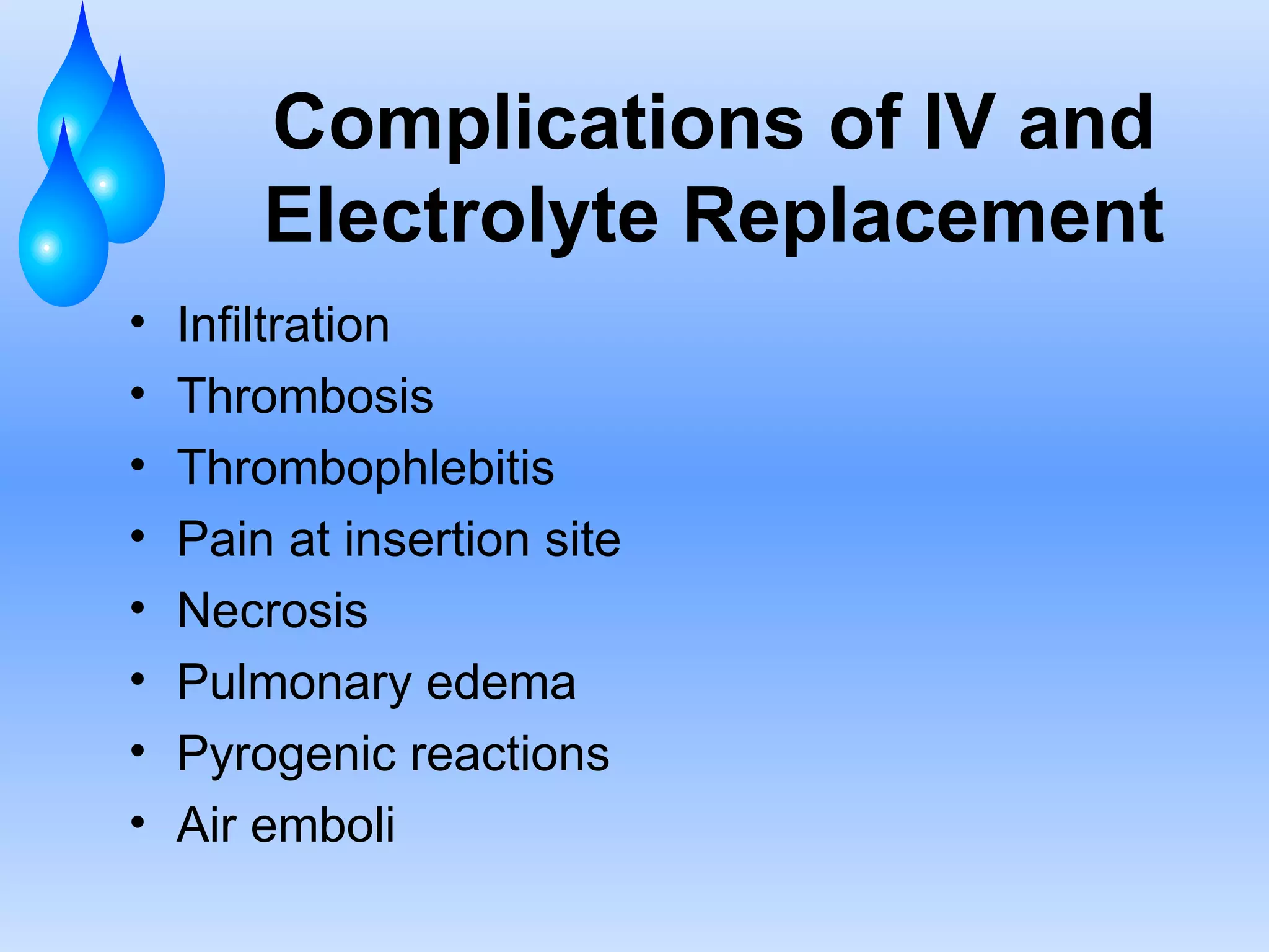 Complications of IV and Electrolyte Replacement Infiltration Thrombosis Thrombophlebitis Pain at insertion site Necrosis Pulmonary edema Pyrogenic reactions Air emboli 