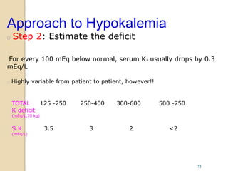Approach to Hypokalemia
 Step 2: Estimate the deficit

For every 100 mEq below normal, serum K+ usually drops by 0.3
mEq/L
 Highly variable from patient to patient, however!!
TOTAL 125 -250 250-400 300-600 500 -750
K deficit
(mEq/L,70 kg)
S.K 3.5 3 2 <2
(mEq/L)
73
 