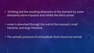 • Drinking and the resulting distension of the stomach by water
stimulants nerve impulses that inhibit the thirst center.
• water is absorbed through the wall of the stomach, small
intestine, and large intestine.
• The osmotic pressure of extracellular fluid returns to normal.
 
