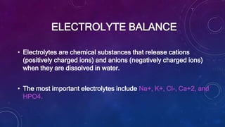 ELECTROLYTE BALANCE
• Electrolytes are chemical substances that release cations
(positively charged ions) and anions (negatively charged ions)
when they are dissolved in water.
• The most important electrolytes include Na+, K+, Cl-, Ca+2, and
HPO4.
 