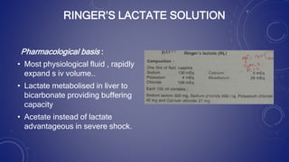 RINGER’S LACTATE SOLUTION
Pharmacological basis :
• Most physiological fluid , rapidly
expand s iv volume..
• Lactate metabolised in liver to
bicarbonate providing buffering
capacity
• Acetate instead of lactate
advantageous in severe shock.
 