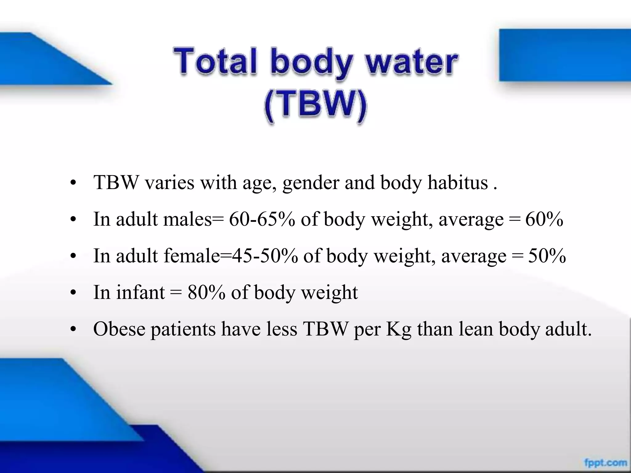• TBW varies with age, gender and body habitus .
• In adult males= 60-65% of body weight, average = 60%
• In adult female=45-50% of body weight, average = 50%
• In infant = 80% of body weight
• Obese patients have less TBW per Kg than lean body adult.
 