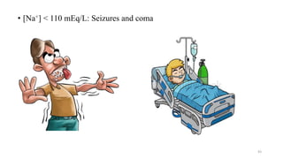 • [Na+] < 110 mEq/L: Seizures and coma
43
 