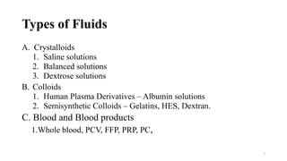 Types of Fluids
A. Crystalloids
1. Saline solutions
2. Balanced solutions
3. Dextrose solutions
B. Colloids
1. Human Plasma Derivatives – Albumin solutions
2. Semisynthetic Colloids – Gelatins, HES, Dextran.
C. Blood and Blood products
1.Whole blood, PCV, FFP, PRP, PC,
7
 