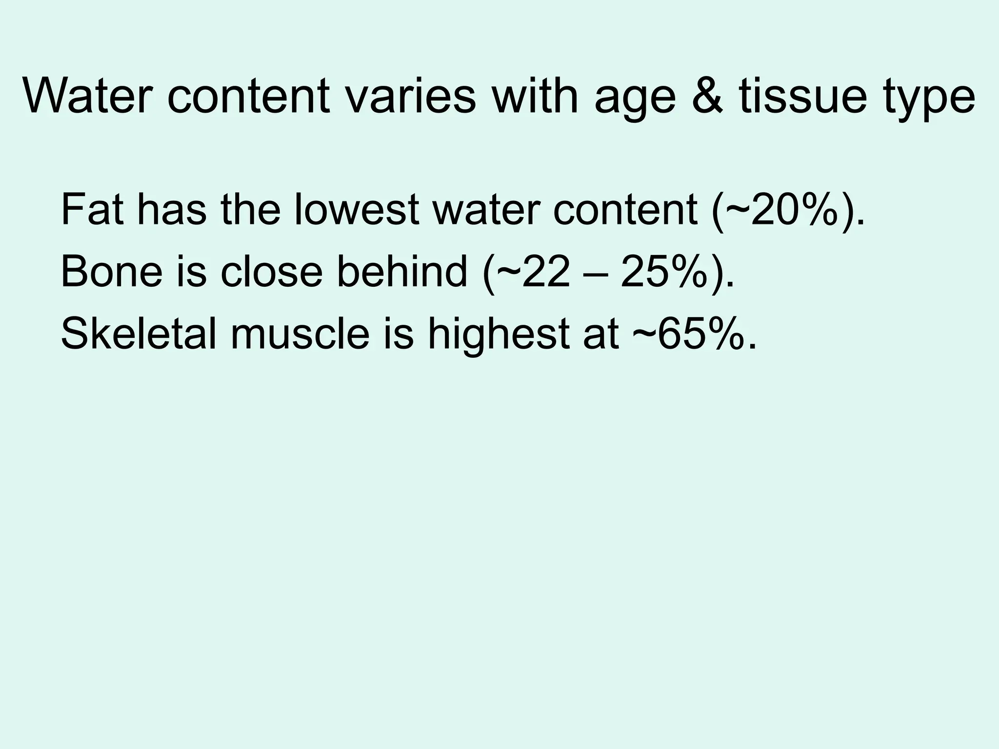 Water content varies with age & tissue type
Fat has the lowest water content (~20%).
Bone is close behind (~22 – 25%).
Skeletal muscle is highest at ~65%.
 