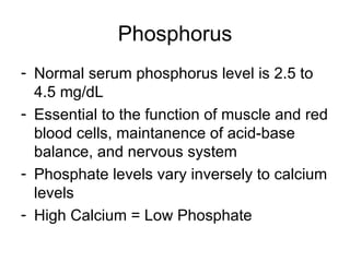 Phosphorus Normal Range Fluid and electrolytes, balance and disturbances (1) | PPT
