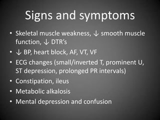 Signs and symptomsSkeletal muscle weakness, ↓ smooth muscle function, ↓ DTR’s↓ BP, heart block, AF, VT, VFECG changes (small/inverted T, prominent U, ST depression, prolonged PR intervals)Constipation, ileusMetabolic alkalosisMental depression and confusion 