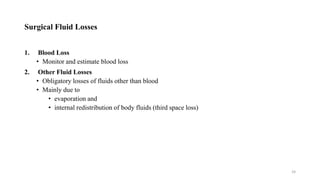 Surgical Fluid Losses
1. Blood Loss
• Monitor and estimate blood loss
2. Other Fluid Losses
• Obligatory losses of fluids other than blood
• Mainly due to
• evaporation and
• internal redistribution of body fluids (third space loss)
24
 