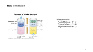 Fluid Homeostasis
4
fluid homeostasis
Neutral balance : I = O
Positive balance : I > O
Negative balance: I < O
 
