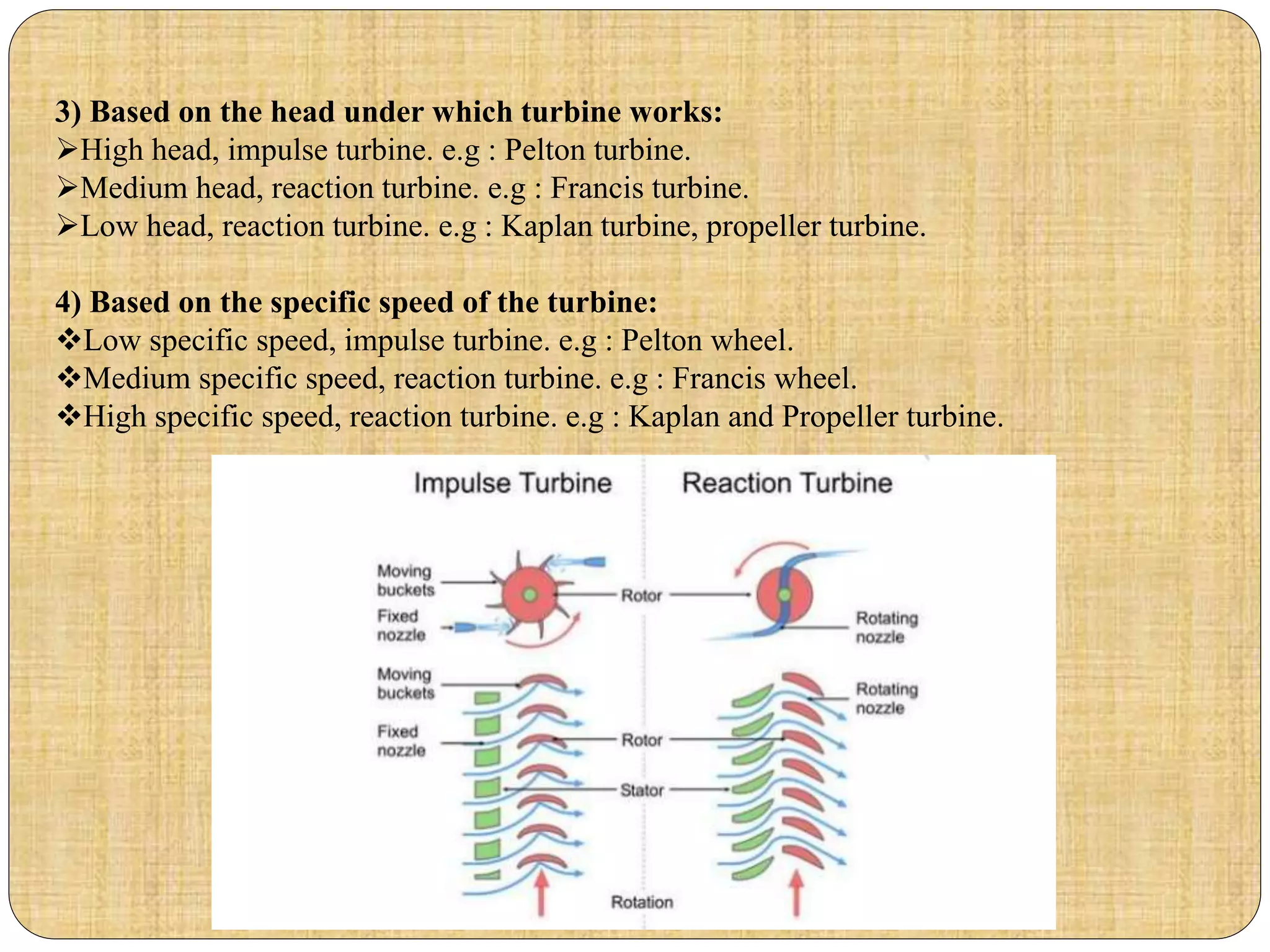 3) Based on the head under which turbine works:
High head, impulse turbine. e.g : Pelton turbine.
Medium head, reaction turbine. e.g : Francis turbine.
Low head, reaction turbine. e.g : Kaplan turbine, propeller turbine.
4) Based on the specific speed of the turbine:
Low specific speed, impulse turbine. e.g : Pelton wheel.
Medium specific speed, reaction turbine. e.g : Francis wheel.
High specific speed, reaction turbine. e.g : Kaplan and Propeller turbine.
 