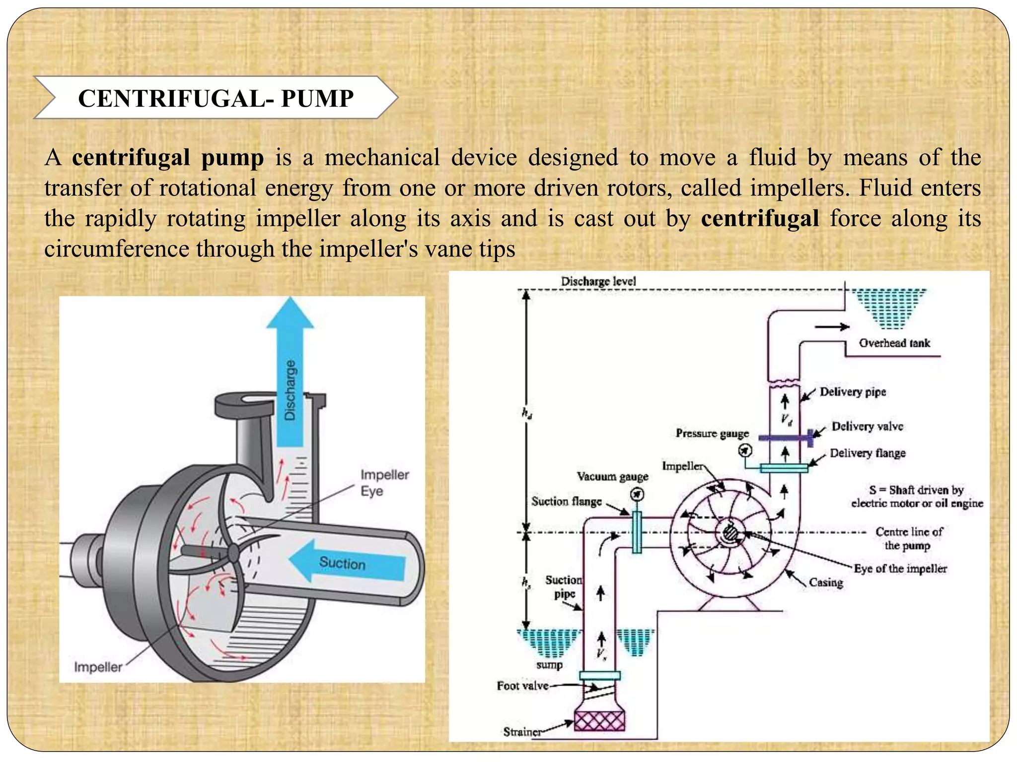 CENTRIFUGAL- PUMP
A centrifugal pump is a mechanical device designed to move a fluid by means of the
transfer of rotational energy from one or more driven rotors, called impellers. Fluid enters
the rapidly rotating impeller along its axis and is cast out by centrifugal force along its
circumference through the impeller's vane tips
 