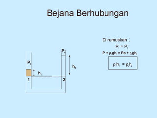 Bejana Berhubungan

                       Di rumuskan :
                             P1 = P2
             Po        Po + ρ 1gh1 = Po + ρ 2gh2

Po                            ρ1h1 = ρ2h2
                  h2
     h1
1            2
 