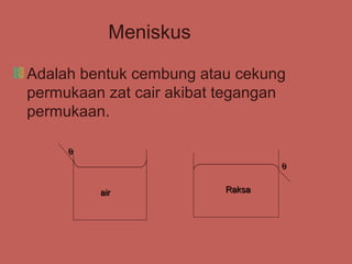 Meniskus

Adalah bentuk cembung atau cekung
permukaan zat cair akibat tegangan
permukaan.

     θ
                                  θ


         air              Raksa
 