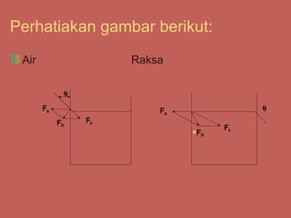 Perhatiakan gambar berikut:
 Air                  Raksa

             θ

       Fa                 Fa             θ

            FR   Fk
                                    Fk
                               F
                                R
 
