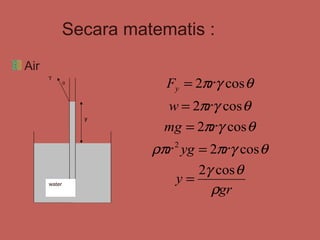 Secara matematis :
Air
                          Fy = 2πrγ cos θ
      γ
              θ



                          w = 2πrγ cos θ
                  y
                          mg = 2πrγ cos θ
                        ρπr yg = 2πrγ cos θ
                           2


                               2γ cos θ
                           y=
                                 ρgr
      water
 