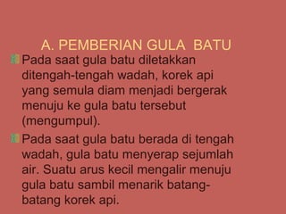 A. PEMBERIAN GULA BATU
Pada saat gula batu diletakkan
ditengah-tengah wadah, korek api
yang semula diam menjadi bergerak
menuju ke gula batu tersebut
(mengumpul).
Pada saat gula batu berada di tengah
wadah, gula batu menyerap sejumlah
air. Suatu arus kecil mengalir menuju
gula batu sambil menarik batang-
batang korek api.
 