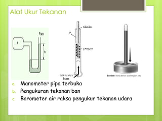 Alat Ukur Tekanan
a. Manometer pipa terbuka
b. Pengukuran tekanan ban
c. Barometer air raksa pengukur tekanan udara
 