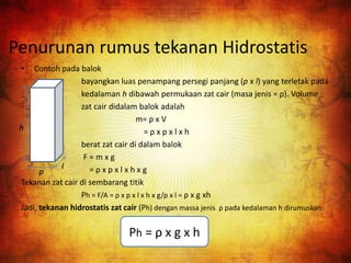 Penurunan rumus tekanan Hidrostatis
• Contoh pada balok
bayangkan luas penampang persegi panjang (p x l) yang terletak pada
kedalaman h dibawah permukaan zat cair (masa jenis = ρ). Volume
zat cair didalam balok adalah
m= ρ x V
= ρ x p x l x h
berat zat cair di dalam balok
F = m x g
= ρ x p x l x h x g
Tekanan zat cair di sembarang titik
Ph = F/A = ρ x p x l x h x g/p x l = ρ x g xh
Jadi, tekanan hidrostatis zat cair (Ph) dengan massa jenis ρ pada kedalaman h dirumuskan:
h
p
l
Ph = ρ x g x h
 