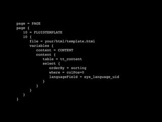 page = PAGE
page {
10 = FLUIDTEMPLATE
10 {
file = your/html/template.html
variables {
content = CONTENT
content {
table = tt_content
select {
orderBy = sorting
where = colPos=0
languageField = sys_language_uid
}
}
}
}
}
 