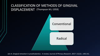 CLASSIFICATION OF METHODS OF GINGIVAL
DISPLACEMENT
Conventional
Radical
Jain A. Gingival retraction in prosthodontics - A ...