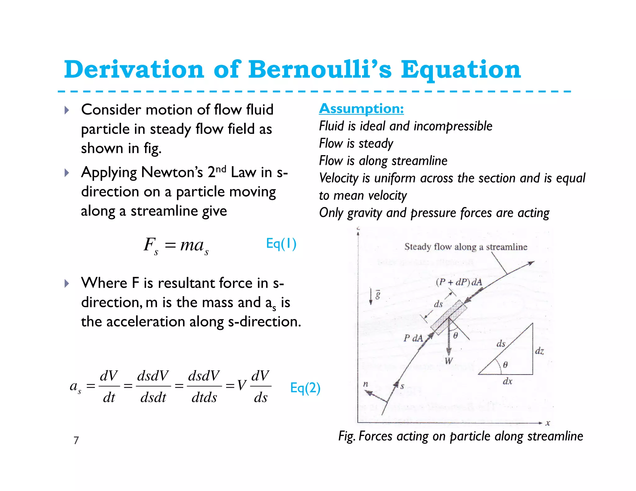Derivation of Bernoulli’s Equation
7
Consider motion of flow fluid
particle in steady flow field as
shown in fig.
Applying Newton’s 2nd Law in s-
direction on a particle moving
along a streamline give
Where F is resultant force in s-
direction, m is the mass and as is
the acceleration along s-direction.
ss maF =
Assumption:
Fluid is ideal and incompressible
Flow is steady
Flow is along streamline
Velocity is uniform across the section and is equal
to mean velocity
Only gravity and pressure forces are acting
ds
dV
V
dtds
dsdV
dsdt
dsdV
dt
dV
as ====
Eq(1)
Eq(2)
Fig. Forces acting on particle along streamline
 