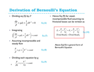 Derivation of Bernoulli’s Equation
9
Dividing eq (5) by
Integrating
Assuming incompressible and
steady flow
Dividing each equation by g
ρ
0
2
1 2
=++ dVgdz
dp
ρ
conttdVgdz
dp
=





++∫
2
2
1
ρ
conttVgz
P
=++ 2
2
1
ρ
contt
g
V
z
g
P
=++
2
2
ρ
Hence Eq (9) for stead-
incompressible fluid assuming no
frictional losses can be written as
Eq (6)
Eq (7)
Eq (8)
Eq (9)
( ) ( )21
2
2
2
2
1
2
1
1
HeadTotalHeadTotal
22
=
++=++
g
VP
Z
g
VP
Z
γγ
Above Eq(10) is general form of
Bernoulli’s Equation
Eq (10)
 