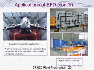 57:020 Fluid Mechanics 20
Applications of EFD (cont’d)
Example of industrial application
NASA's cryogenic wind tunnel simulates flight
conditions for scale models--a critical tool in
designing airplanes.
Application in teaching
Fluid dynamics laboratory
 
