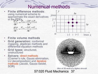 57:020 Fluid Mechanics 37
Numerical methods
• Finite difference methods:
using numerical scheme to
approximate the exact derivatives
in the PDEs
• Finite volume methods
• Grid generation: conformal
mapping, algebraic methods and
differential equation methods
• Grid types: structured,
unstructured
• Solvers: direct methods
(Cramer’s rule, Gauss elimination,
LU decomposition) and iterative
methods (Jacobi, Gauss-Seidel,
SOR)
Slice of 3D mesh of a fighter aircraft
o x
y
i i+1i-1
j+1
j
j-1
imax
jmax
x∆
y∆
2
1 1
2 2
2i i iP P PP
x x
+ −− +∂
=
∂ ∆
2
1 1
2 2
2j j jP P PP
y y
+ −− +∂
=
∂ ∆
 